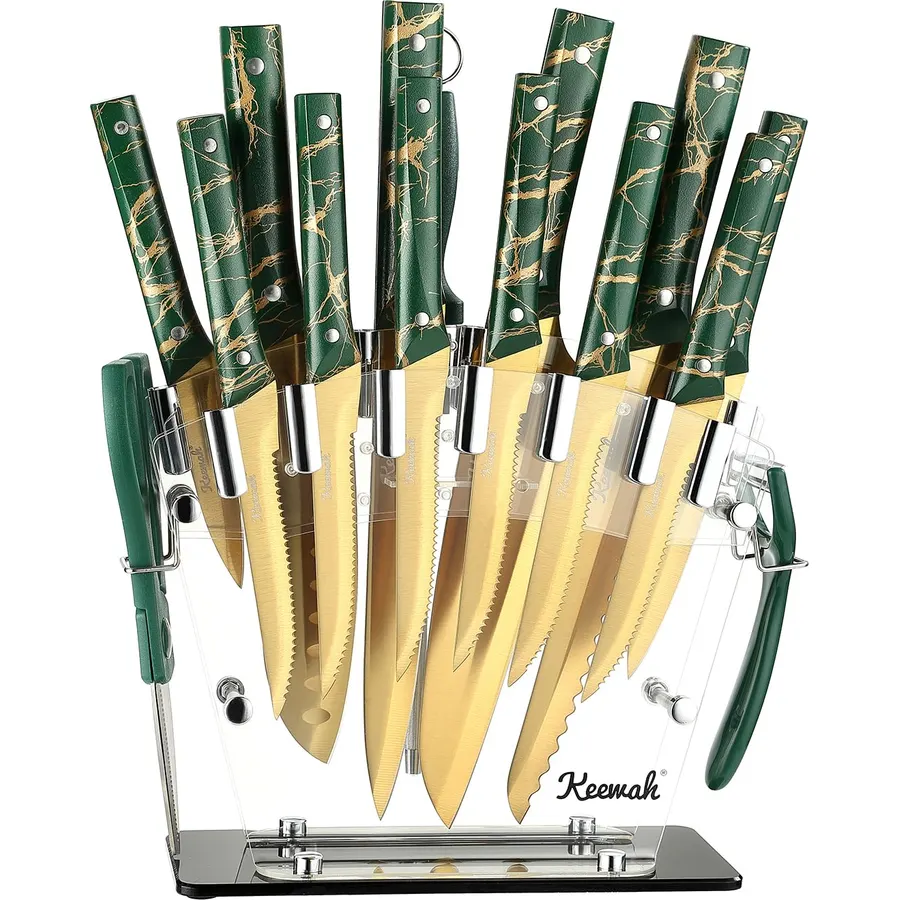 Keewah Knife Set, 16 Piece Kitchen Knives set with Acrylic Stand, Gold