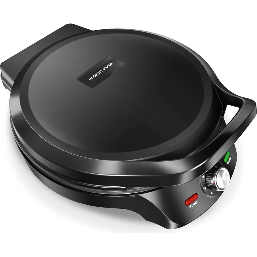 KEINVE 1500W Electric Griddle, 2-in-1 Indoor Griddle and Pizza Maker with 30-Min Timer and Auto Shut-Off, 12" 180° Open for BBQ, Steak, Burgers, Salmon, Veggies, and More