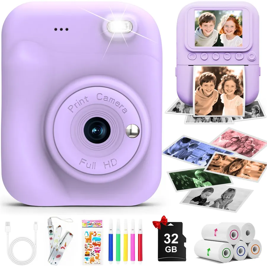 Kids Camera Instant Print 1080P Front Rear Dual Selfie - Toddler Cameras with Digital Video Games,32GB & 5-Colored Print Paper/ 250 Photos,Easy to Use & Great Toys Gifts for Boys Girls, Ages 3-12