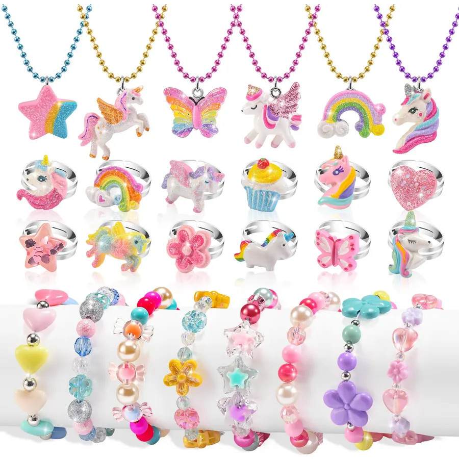 SIELEVIN Kids Jewelry for Little Girls Necklace Bracelet with Unicorn Rainbow Star Crown Pendant for Toddler Dress up Jewelry Princess Gifts for 3 4 5 6 7 8 Years Old