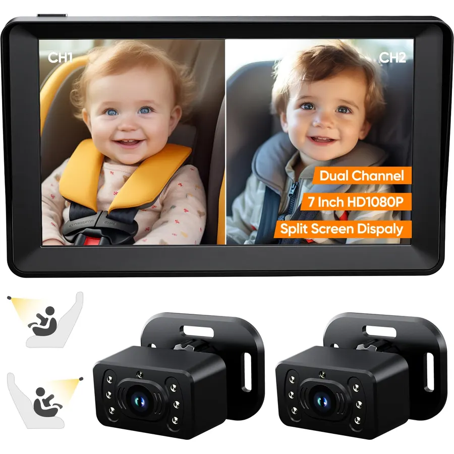 Babyvue BV3 MAX Dual Baby Car Camera Monitor, 7.2" Split Screen for 2 Kids