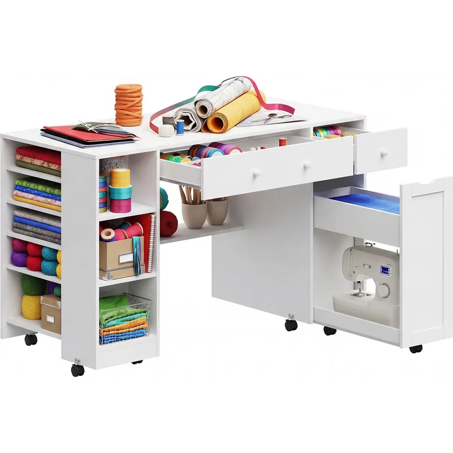 Kikihouse Rolling Craft Table with Sewing Machine Storage Drawer (White)