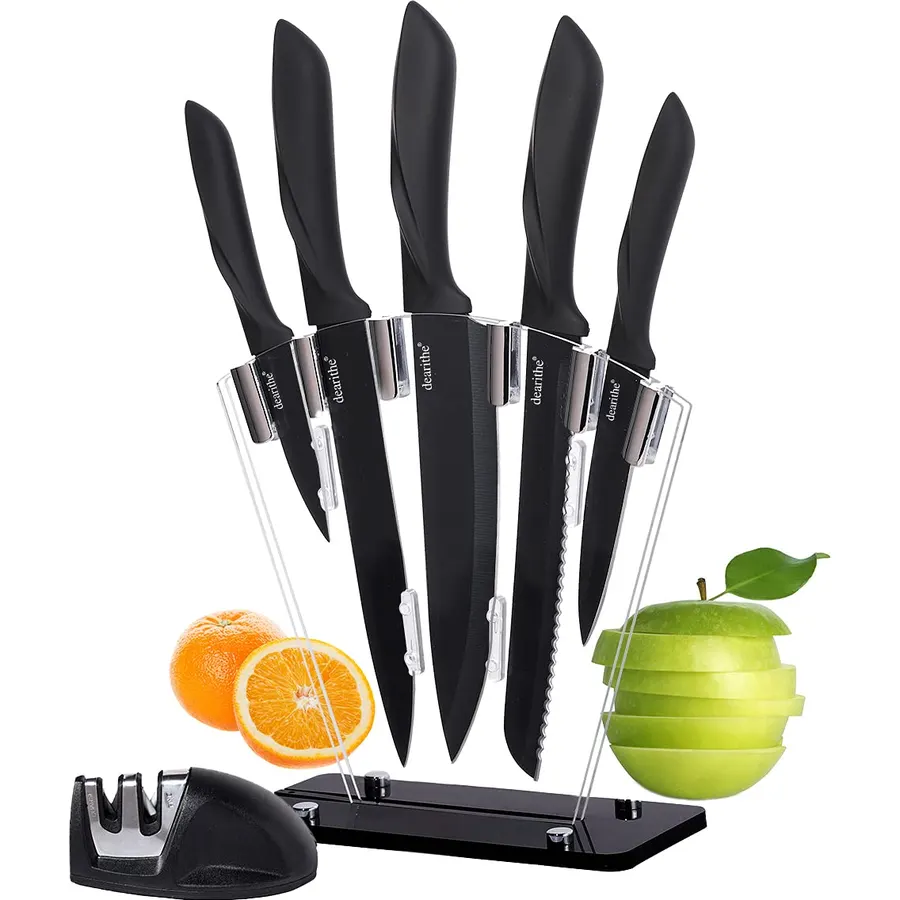Kitchen Knife Set, Black Flower 6PC Stainless Steel Sharp Chef Knife Set with Acrylic Stand, Cooking Non-slip Knife Set with Block, Non-stick Colorful Coating Gift for Women Girls (Dark Black)