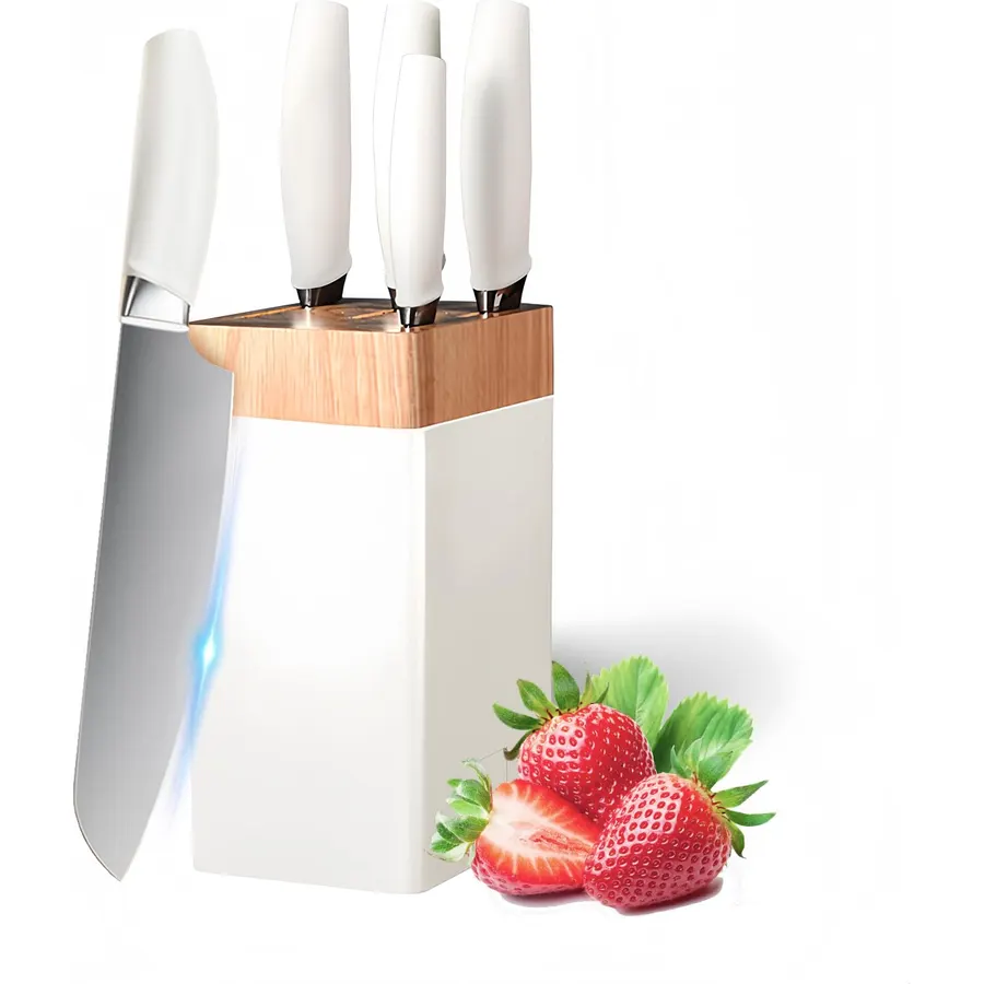 Kitchen Knife Set, White Knife Set with Wood Block, 5 Pieces Ultra Sharp Knife Block Set with Ergonomic Handle, Stainless Steel Cooking Chef Knife for Cutting, New Home Essentials (White)