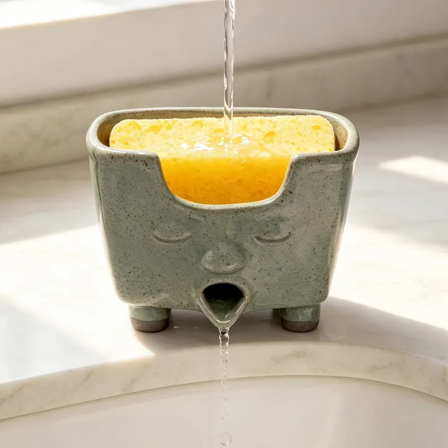 Kitchen Sponge Holder with Drain, Ceramic Funny Dish Sponge Caddy
