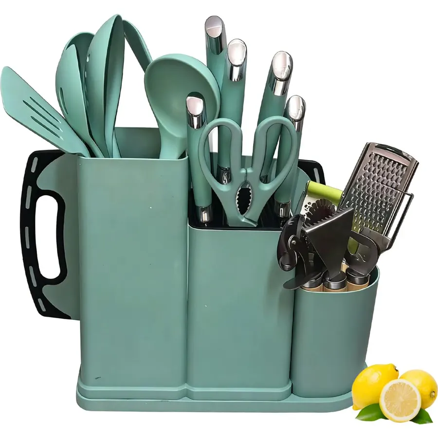 Kitchen Utensils and Knives Set, 20PCS Knife and Cooking Spoon Tools Set with Storage Holder, Sharp Stainless Steel Knife Sets with Bread, Chef Knife (Teal)