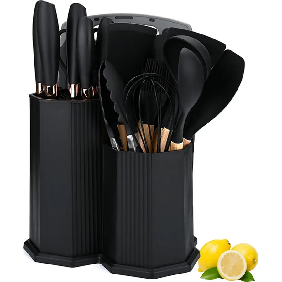 Kitchen Utensils Set,19 Pcs Cooking Tools and Knives Set,Cutting Board, Silverware Set, with Utensil Holder Precision Cutting and Organized Dining Kitchen Tool (Black)