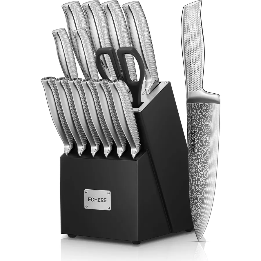 FOHERE 14 Pcs Knife Set with Block, 5 Built-In Sharpeners, X50CrMoV15 Steel