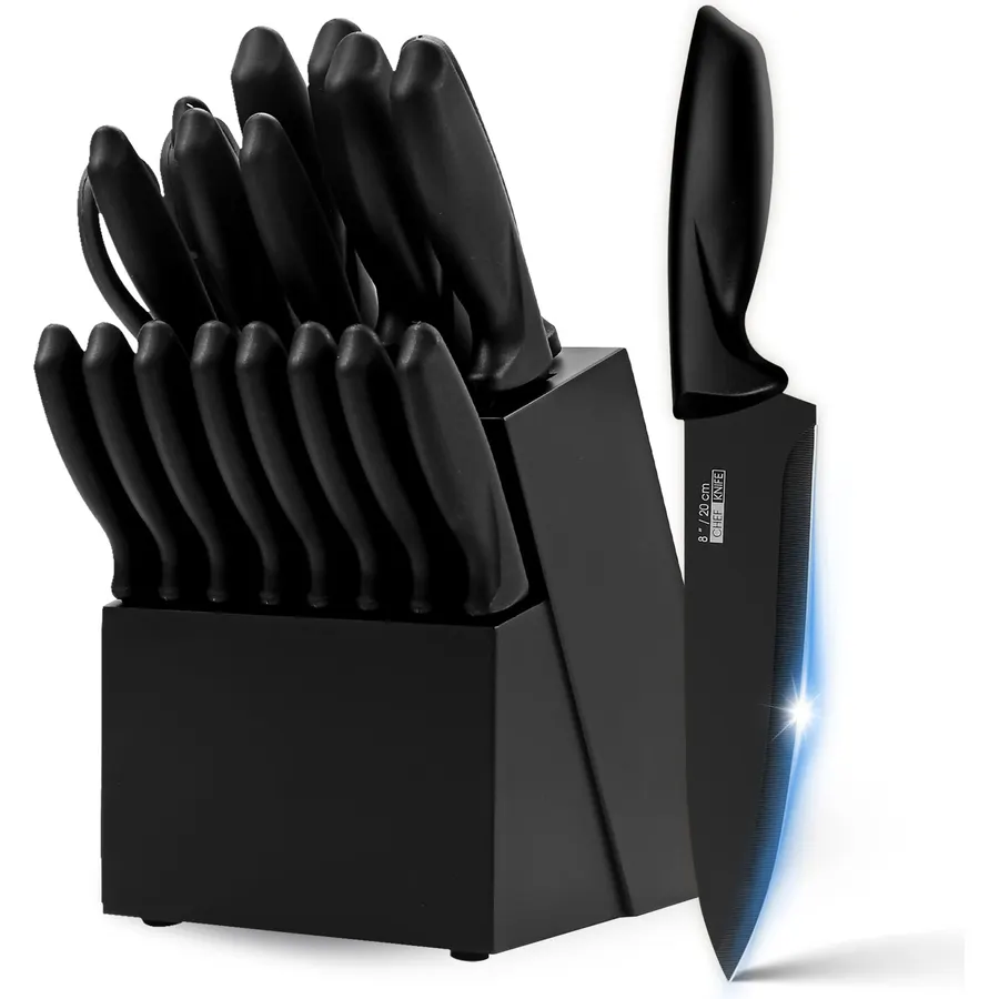 Knife Set, Amorston 21 Pieces Kitchen Knife Set with Block and Sharpener, Ultra-Sharp Knives Set with Ergonomic Handles, Black German Stainless Steel Knife Block Set, Dishwasher Safe