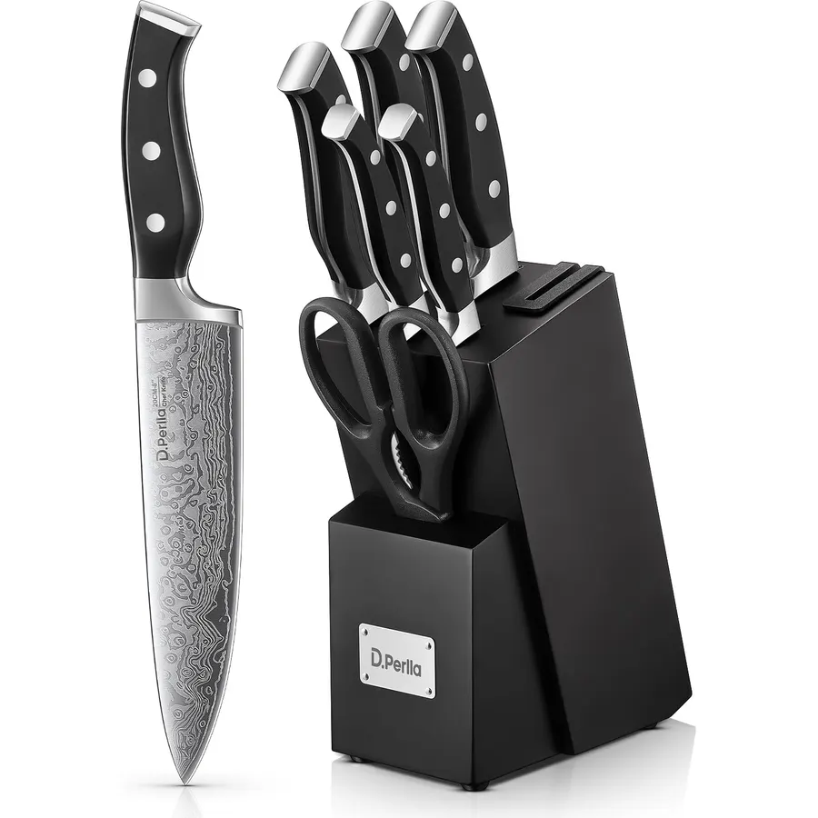 Knife Set, D.Perlla 8 Pieces Kitchen Knife Set with Built-in Sharpener, High Carbon German Stainless Steel Knife Block Set with Unique Waved Pattern, Non-slip Handle, Black