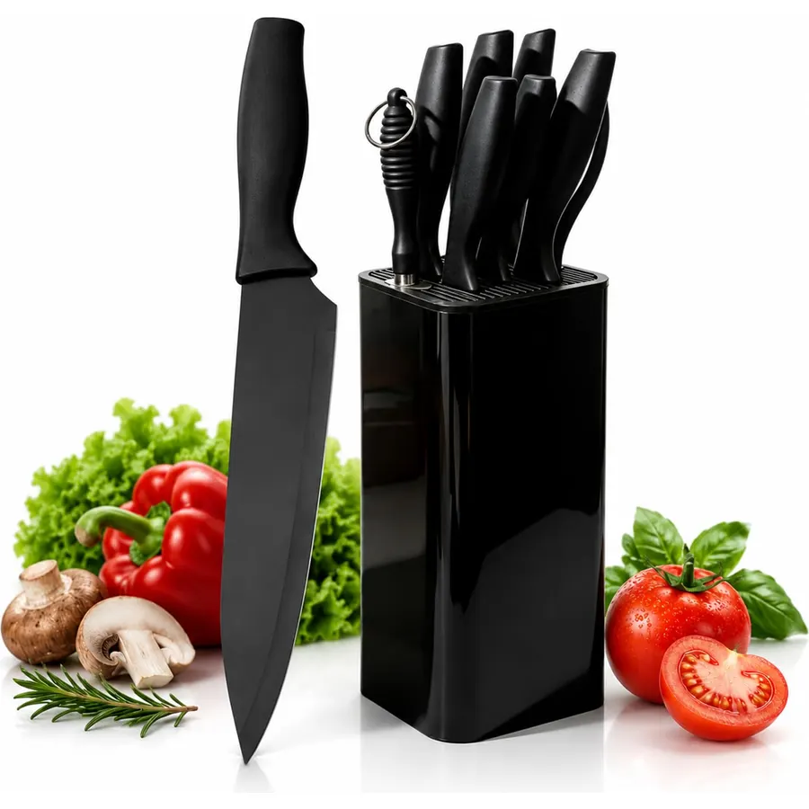 Knife Set, 9-Piece Knife Set for Kitchen with Universal Holder, Professional Chef Knives Set for Cooking, Non-Stick Stainless Steel Knife Block Set, Ergonomic Design (Black)