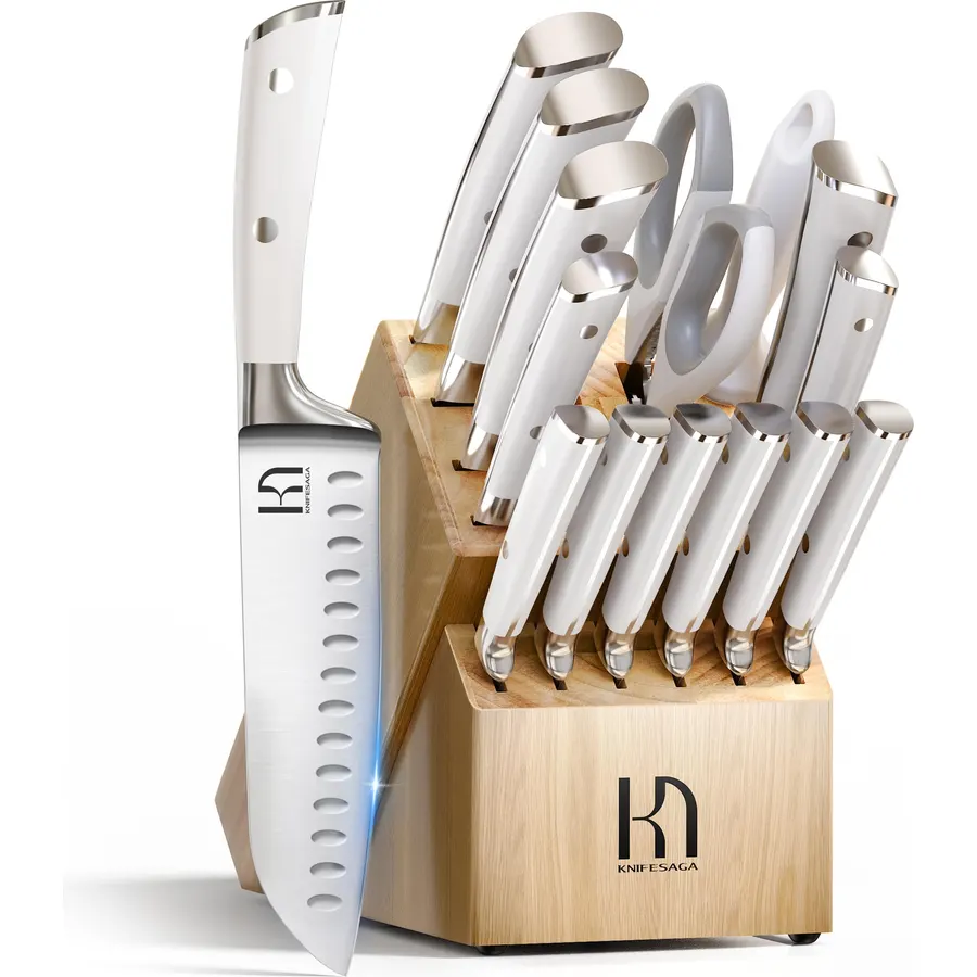 KnifeSaga 15-pc Japanese Kitchen Knife Block Set, Razor Sharp, Professional