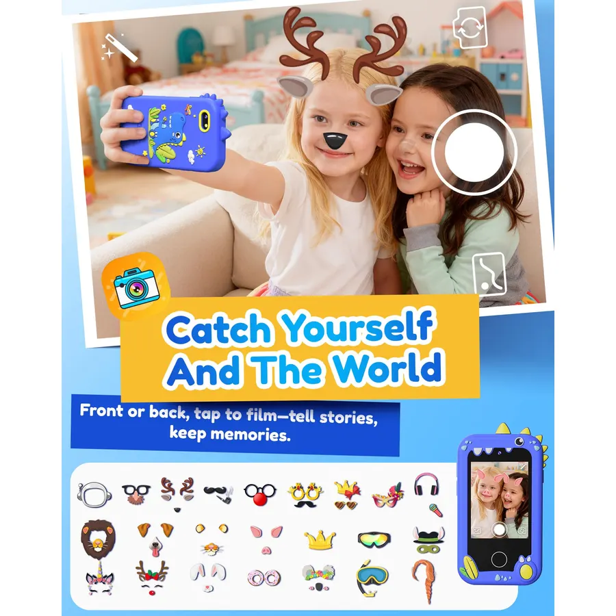 KOKODI Kids Smart Phone Toys, Birthday Gifts Idea Dinosaur Toys for 3 4 5 6 7 8 Year Old Boys, Touchscreen HD Digital Dual Video Camera, Preschool Learning Toy for Kids 3-5 Travel Trip Activity (Blue)