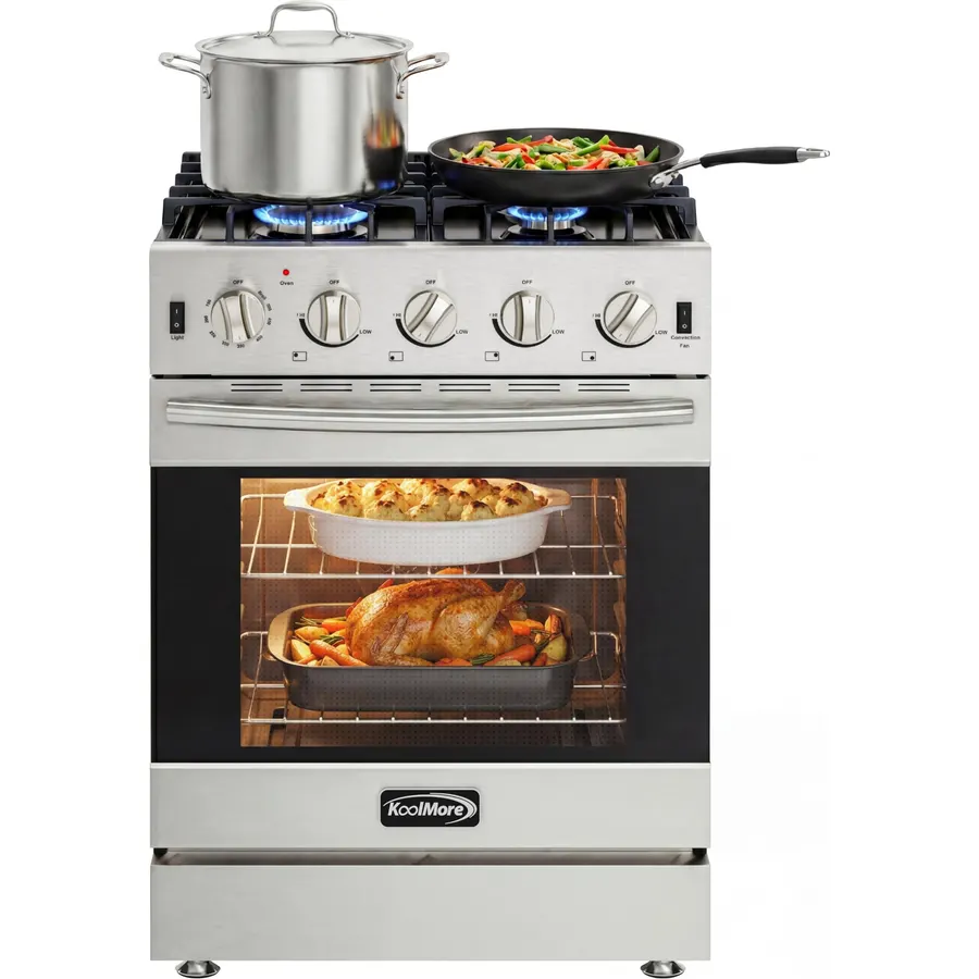 KoolMore 24 in. 4-Burner Slide-In Gas Range Oven Stove, 3.7 cu. ft. Stainless Steel Kitchen Stove with Gas Cooktop, Front Controls, Modern Residential Cooking Appliance