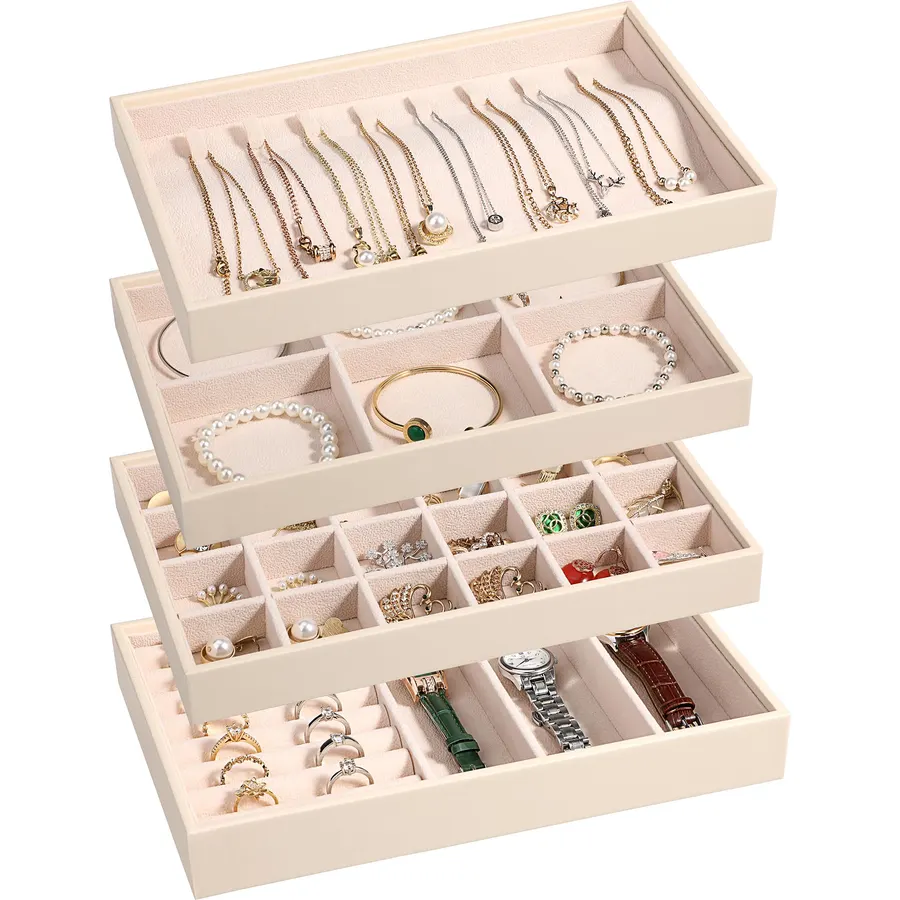LANDICI 4-Piece Stackable PU Leather Jewelry Organizer Trays, Apricot