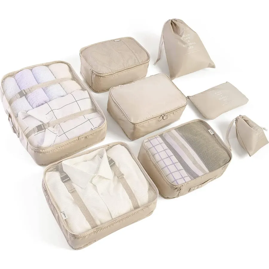 LANSKLBD 6/8 Set Packing Cubes for Suitcases Travel Luggage Packing Organizers,Travel Accessories Essentials Luggage Organizer with Shoe/Tioletry/Laundry Bag (Beige, 8 set)