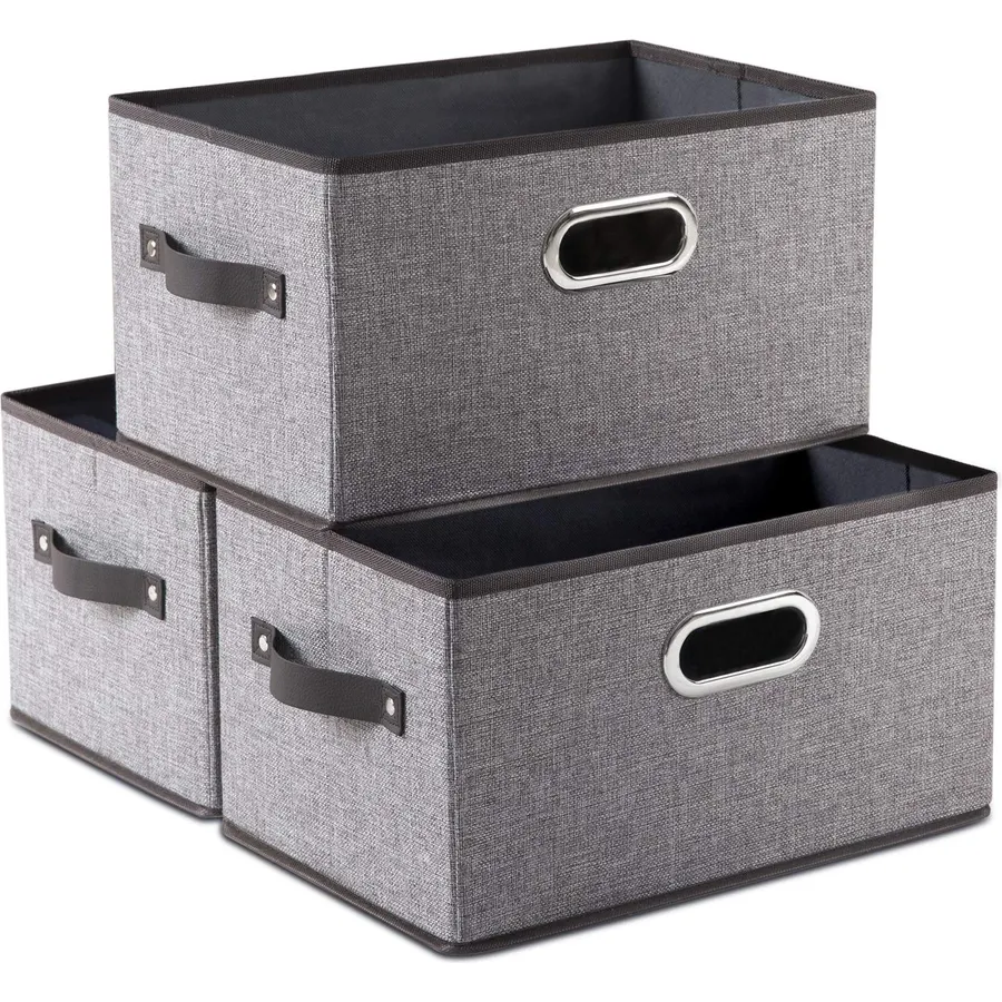 Large Foldable Storage Bins for Shelves [3-pack] Decorative Linen Fabric Storage Baskets Cubes with Leather/Metal Handles for Closet Nursery Office Grey and Black Trim (14.9x9.8x8.3 Inch)