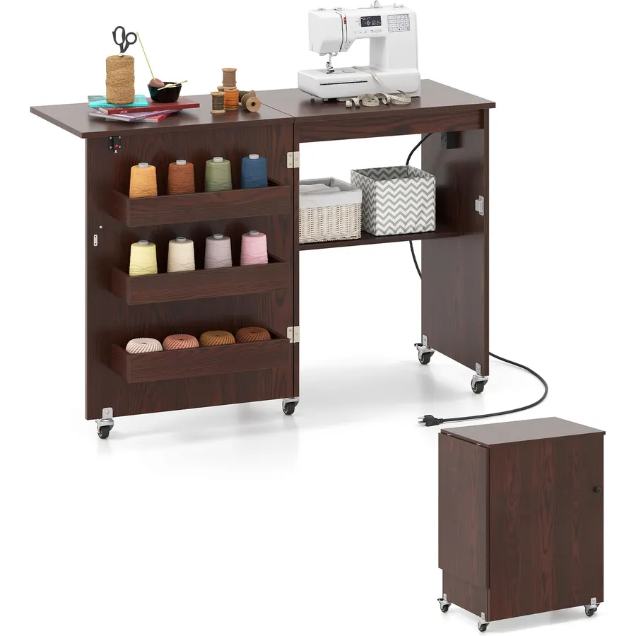 LDAILY Sewing Machine Desk with Power Socket, Mobile Craft Work Station