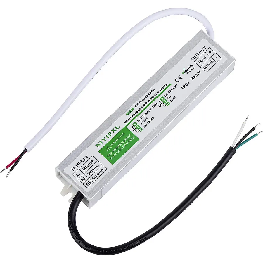 LED Driver 60 Watts Waterproof IP67 Power Supply Transformer Adapter 100V-260V AC to 12V DC Low Voltage Output for LED Light, Computer Project, Outdoor Light and Any 12V DC led Lights