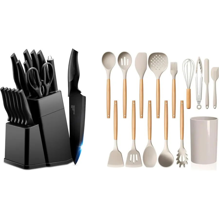 LIANYU Kitchen Knife Set with Block and 15-Piece Kitchen Cooking Utensils Set with Holder, 15 Pieces Knife Block Set with Sharpener and Silicone Kitchen Tools Include Spatula Tong Slotted Spoon Turner