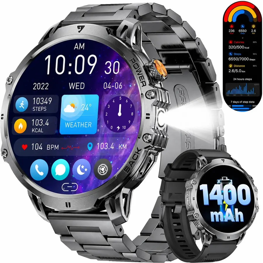 LIGE Military Smart Watches for Men(2 Bands),1400mAh/1.85" HD Large Screen Smartwatch, Flashlight/110+ Sports Modes/Sleep Monitor, Fitness Tracker Watch for Android iOS,Black