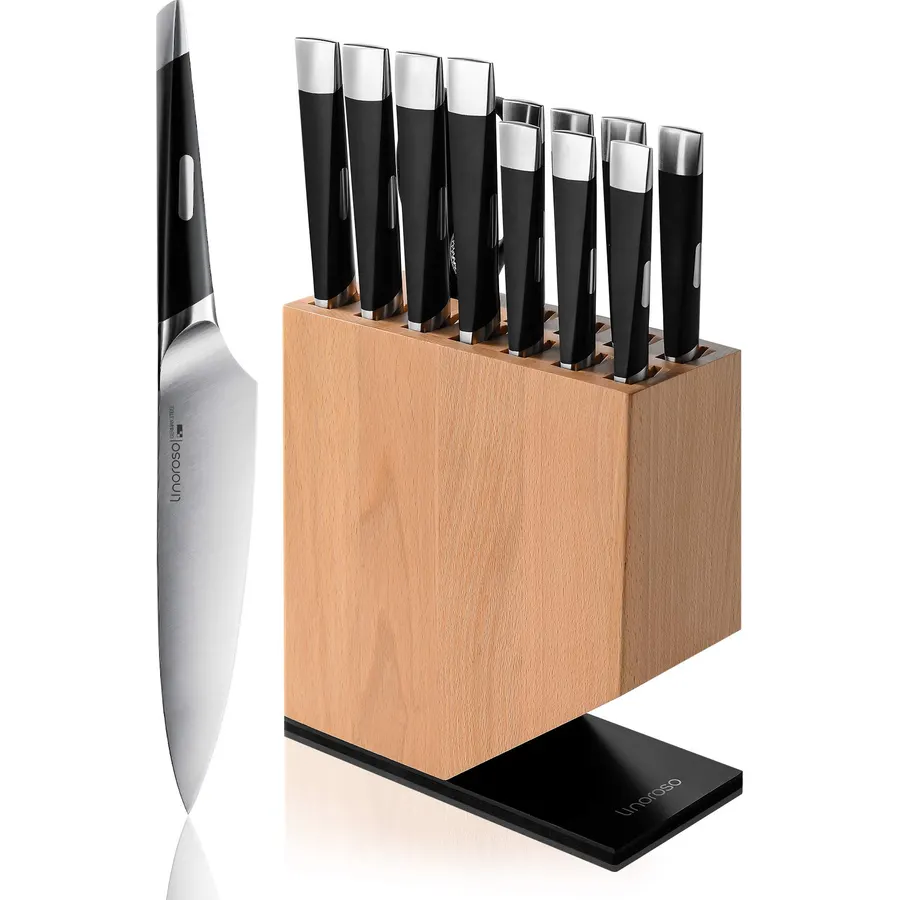 Linoroso Knife Set, 13-Piece Kitchen Knife Set with Block Sharp Chef Knife Set, German High Carbon Stainless Steel Knife Block Set with Beech Block with Black Oxide Stainless Steel Base