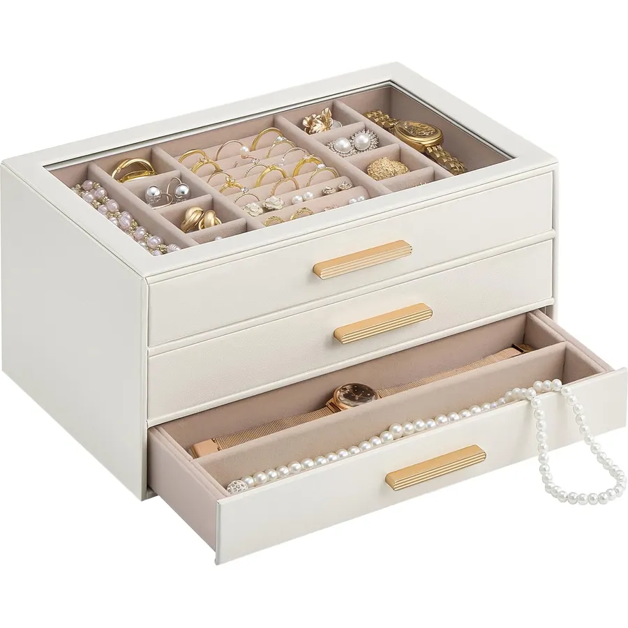 Lolalet Jewelry Box Organizer, 3-Layer Jewelry Storage Case -Beige