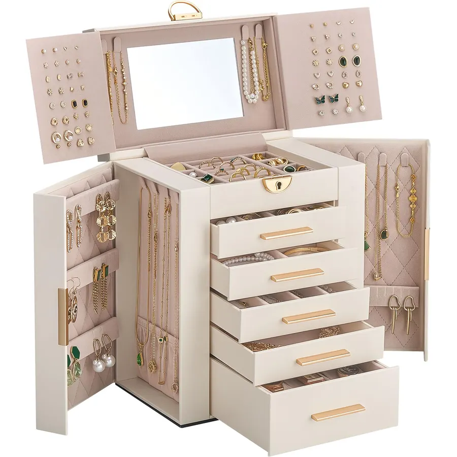 Lolalet Large Jewelry Box, 7-Layer Jewelry Organizer with 6 Drawers -Beige