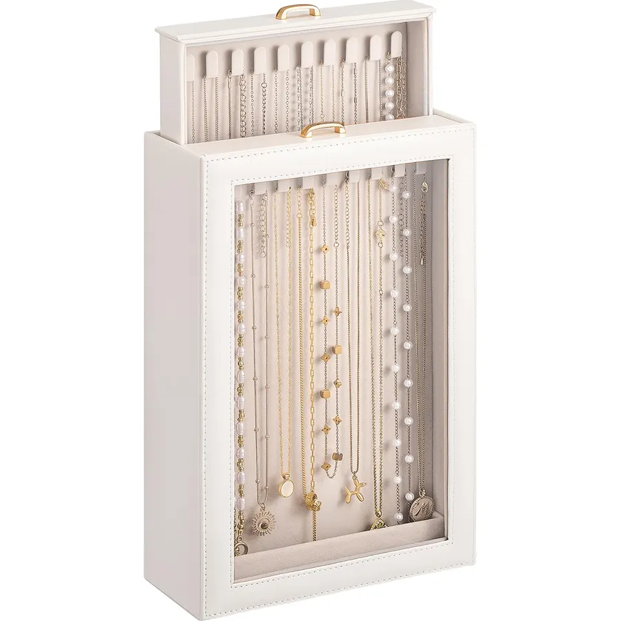 Lolalet Necklace Organizer Box, Jewelry Display Case, Pink, 2 Layers