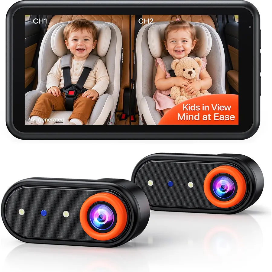 LUCKVIEW Dual Car Camera Baby Monitor with Recording for 2 Kids
