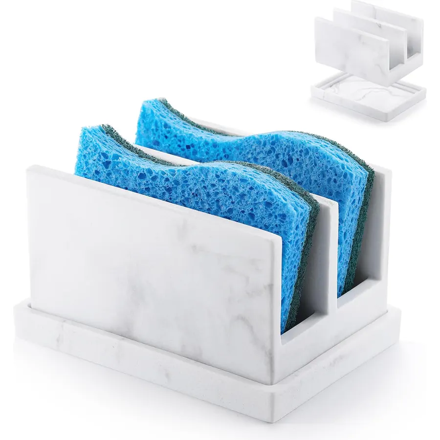 Luxspire Kitchen Sponge Holder wtih Drain Tray, 2 Compartment, Gravel White