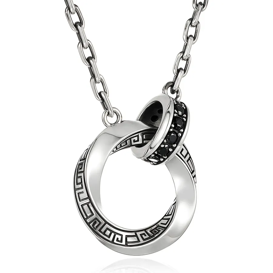 Möbius Strip Men's Necklace, Double Ring Black Onyx Pendant Necklace for Men, Silver Interlocking Circle Mens Necklaces holiday Jewelry Gift for Him Boyfriend Husband (22+2Inchs)