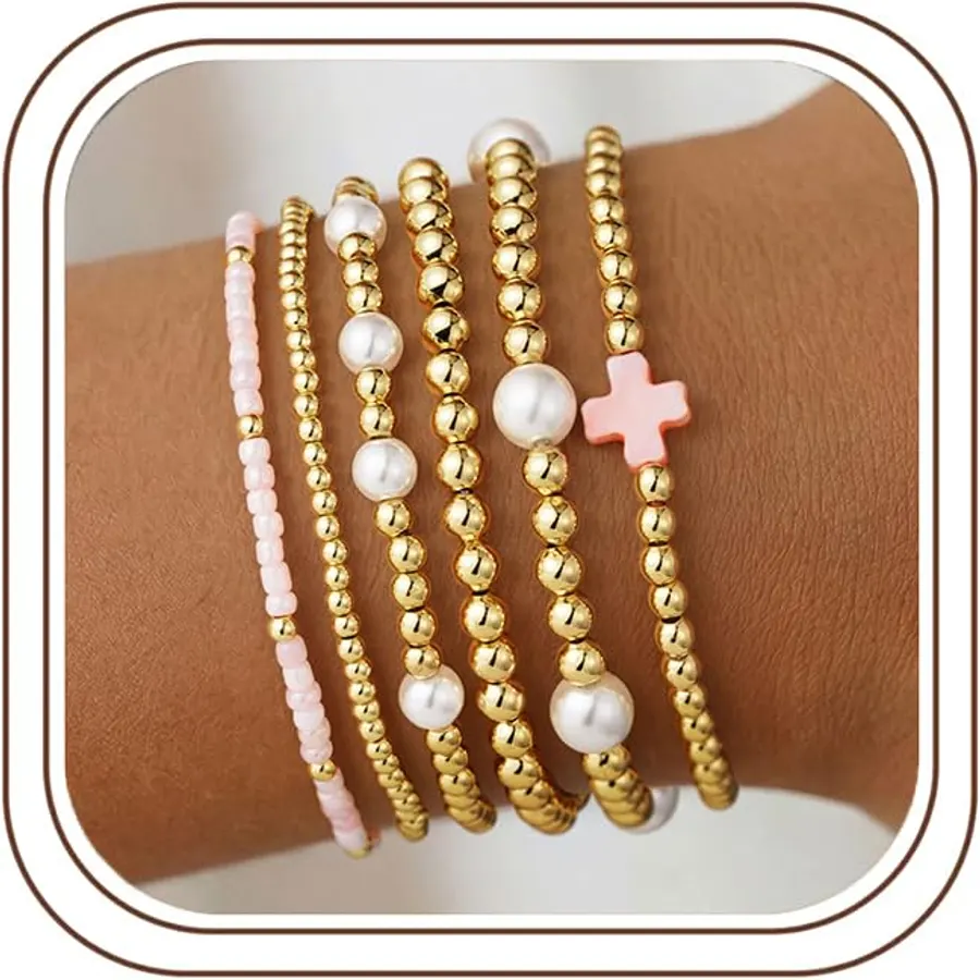 M MOOHAM Beaded Bracelets for Women Girls, 14K Gold Plated Bracelet Stack