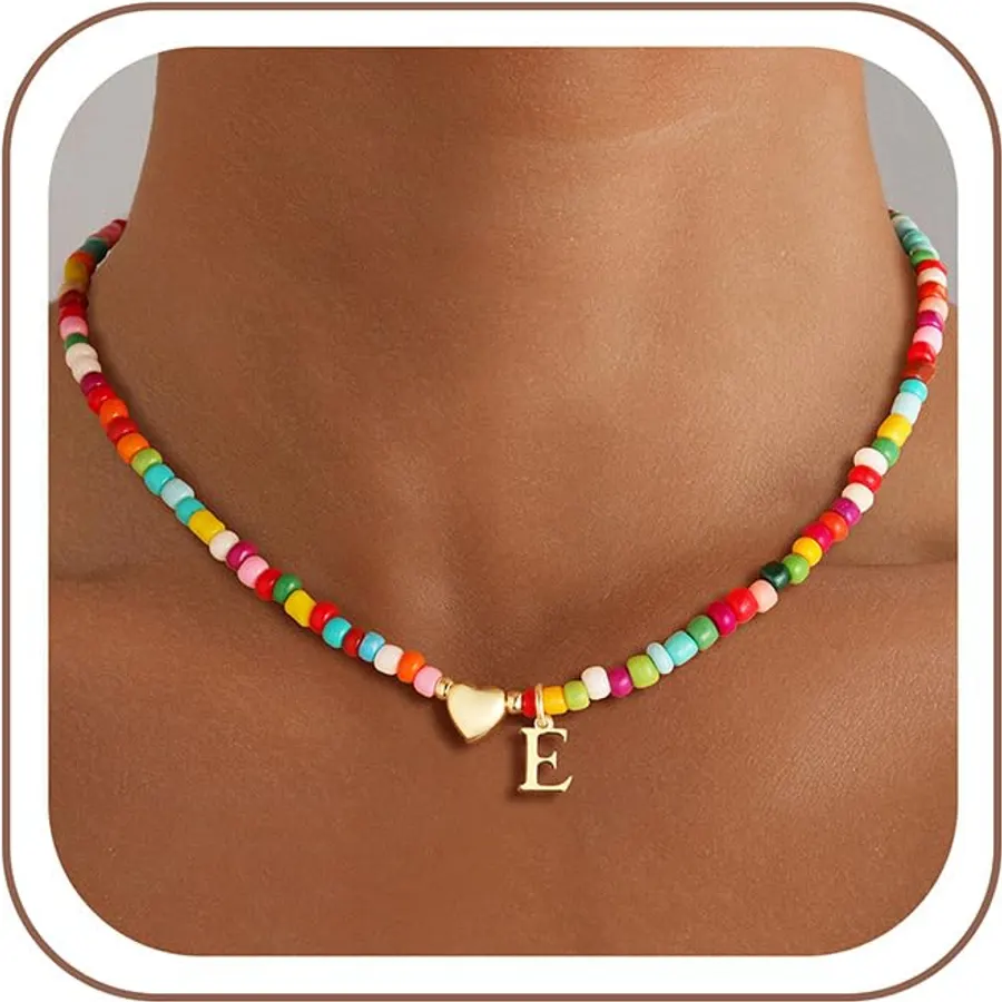 M MOOHAM Initial Necklace for Women Girls, Colorful Beaded Necklace, A-Z