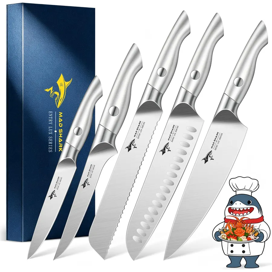 5PCS Kitchen Knife Set, High Carbon Stainless Steel Kitchen Knife Set, Professional 8 "Chef's Knife and 7" Nakiri Knife and Multi-Purpose Knife Set, Sharpener, Finger Protector
