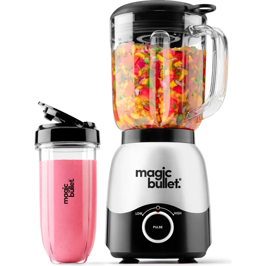 magic bullet Combo Blender, 600W, 48oz Pitcher, 16oz Cup with To-Go Lid, Easy Cleaning, Cross Blade, for Smoothies, Sauces, Shakes, Salsa, Hot Blends, Silver, MBF50200