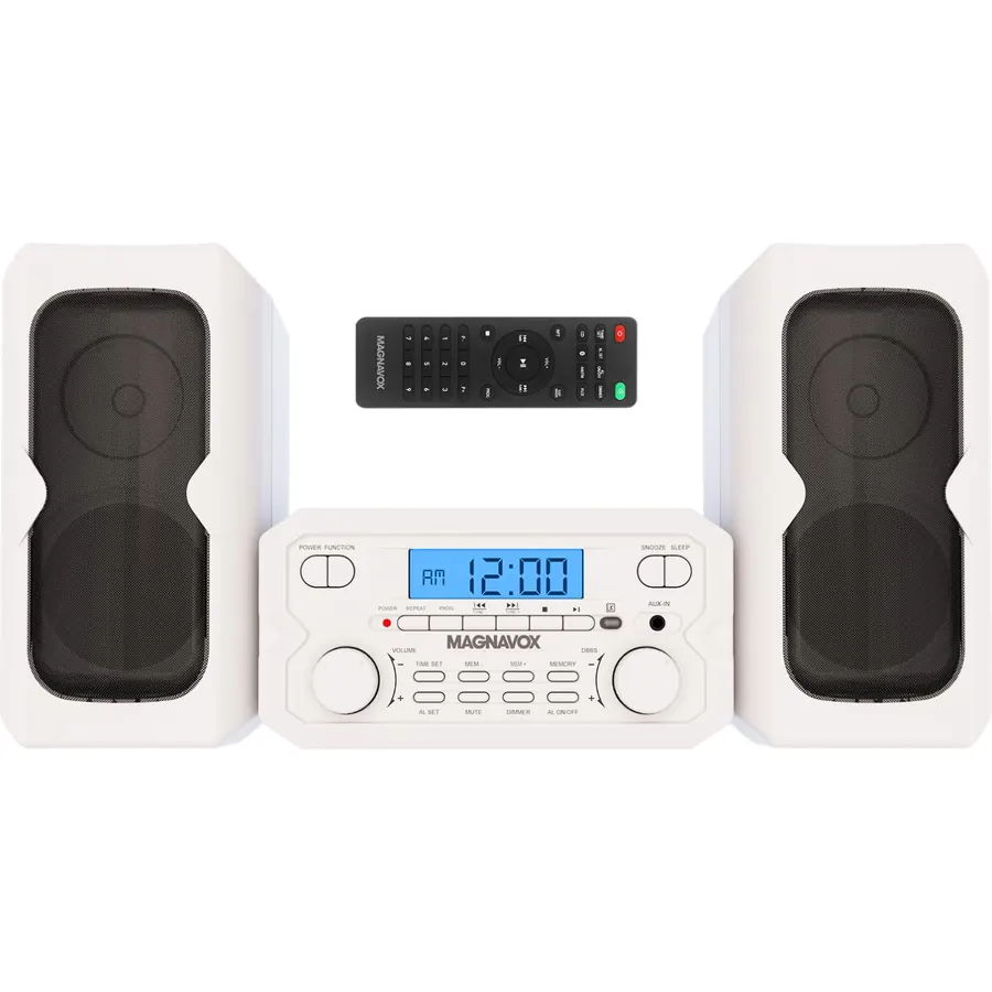 Magnavox 3-Piece Compact CD Shelf System with Digital FM Stereo Radio, Bluetooth Wireless Technology, and Remote Control in White | LCD Display | AUX Port Compatible
