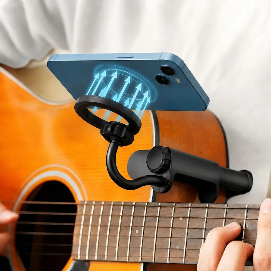 Magnetic Plus Guitar Phone Holder mount, Adjustable & Rotatable Arm, Supports iPhone 12+&Magsafe, Universal Phone Fit, Ideal for Digital Sheet Music, Teaching Videos, Live Streaming & Recording