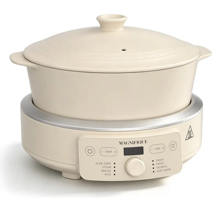 MAGNIFIQUE Slow Cooker, 4.5 Quart 8-in-1 Clay Pot Multi-Cooker, Non-Toxic Slow Cooker for Rice, Pasta, Steam & Proof, Nonstick, Oven Safe Pot to 500°F, Oatmeal