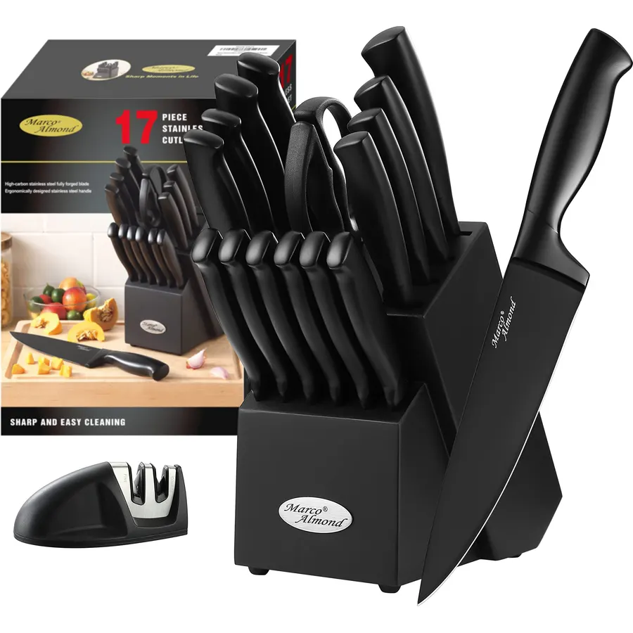 Marco Almond® Kitchen Knife Set with Block and Sharpener MA23, 17 Pieces Knife Block Set Stainless Steel Chef Black Knives Set for Kitchen