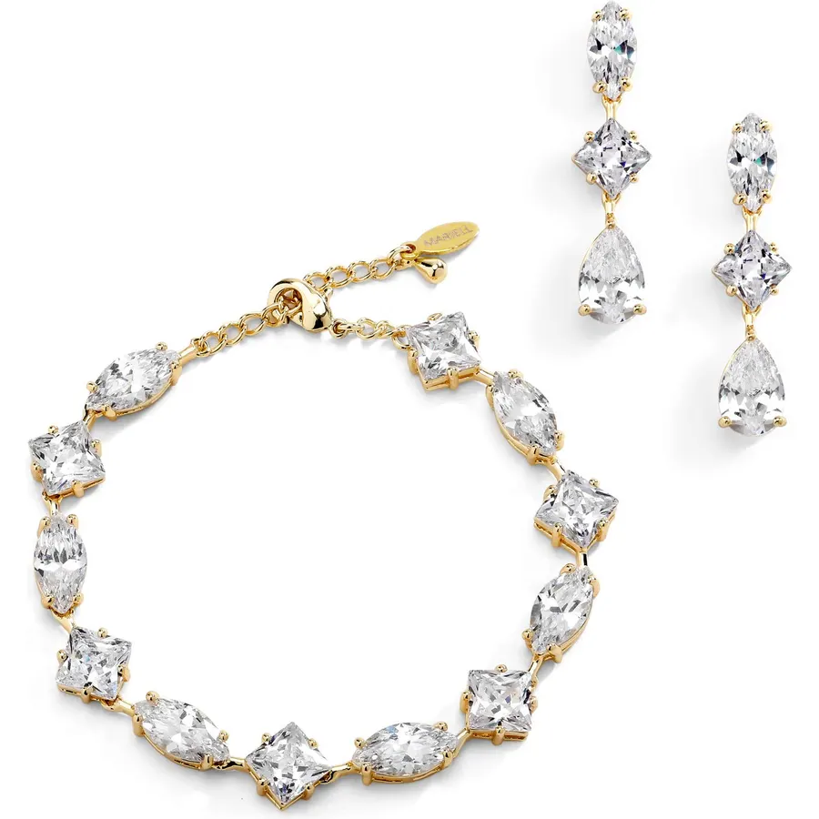 Mariell Gold Zirconia Crystal Wedding Bracelet and Earrings Set for Women, Jewelry for Bride, Bridesmaid