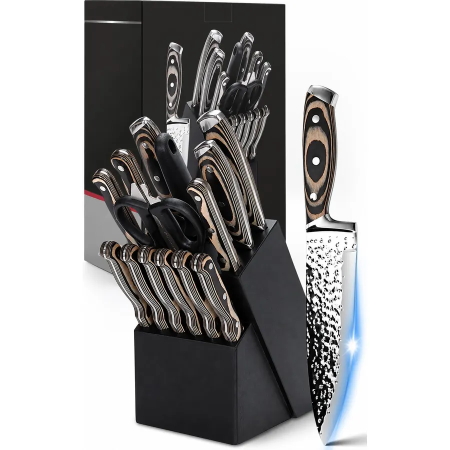 Martha Stewart Carverton 15 Piece High Carbon Stainless Steel Cutlery Kitchen Knife Block Set w/ABS Triple Riveted Forged Handle Wood Block - Black