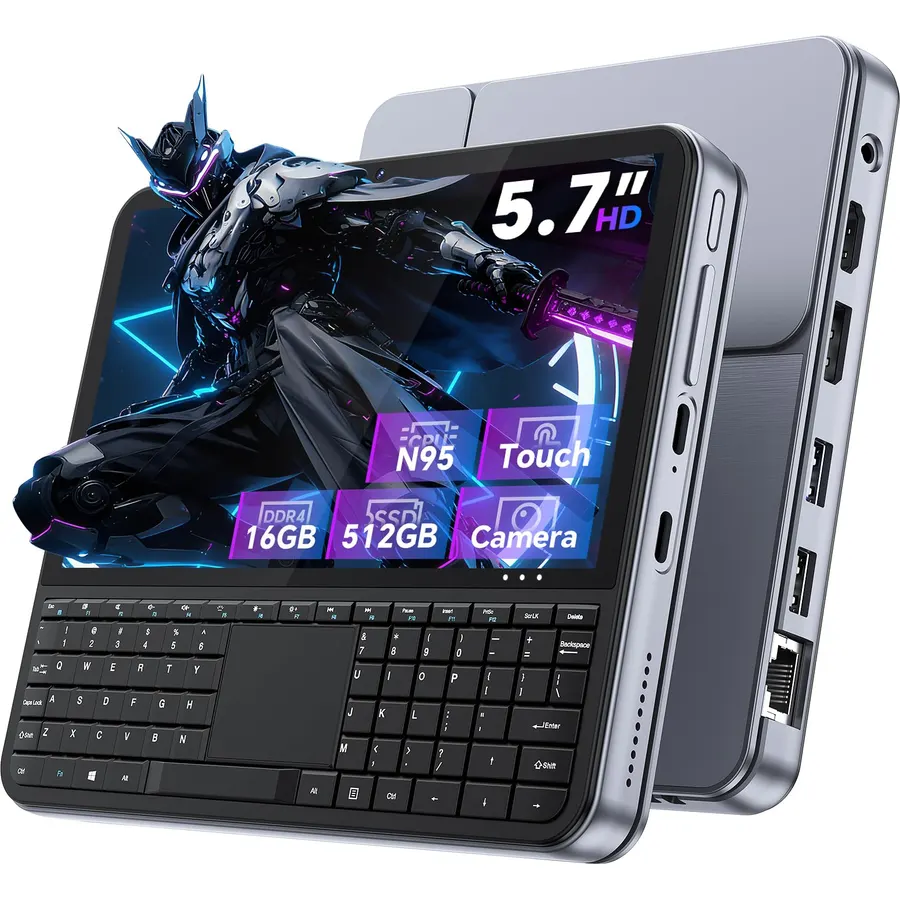 Mini PC 5.7" Touchscreen Handheld Computer, 16GB RAM 512GB SSD, N95 up to 3.4GHz, Win 11, Backlit Keyboard, WiFi6 BT5.2, Dual Type-C, HDMI 2.1 DP, Small Portable PC