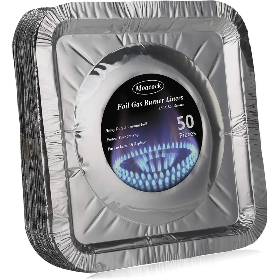 50pc Aluminum Gas Stove Burner Covers -Thicker Foil Square Burner Liners - Disposable Gas Range Protectors, 50 Pack（Outer diameter: 8.5 x 8.5 inch）
