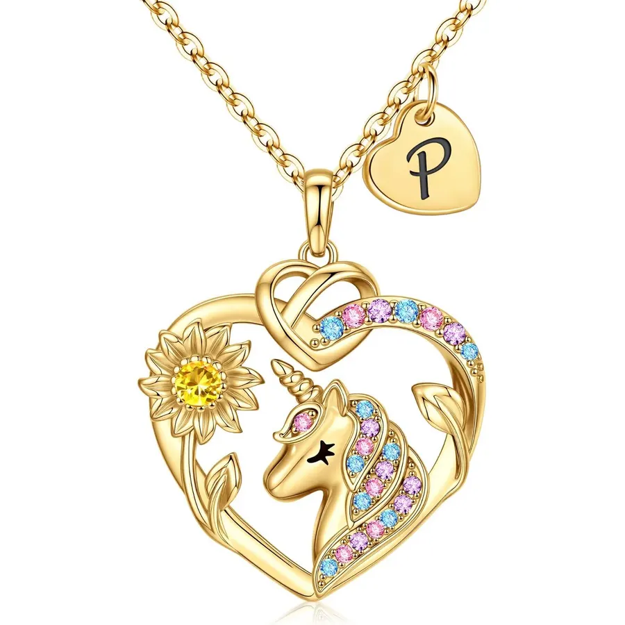 MONOOC Unicorn Gifts for Girls Kids - Sunflower Unicorn Initial Necklace