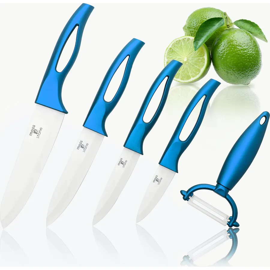 Moss & Stone Kitchen Cutlery White Ceramic Knife Set, Ceramic Knife Set and Fruit Peeler, Rust Proof & Stain Resistant, Kitchen Cooking Knife Set 5 pieces Blue Knives