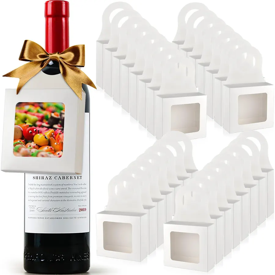 Mototo 30 PCS Kraft Paper Wine Bottle Boxes with Transparent Window Hanger Foldable Wine Bottle Empty Gift Boxes with Hanger for Valentines Christmas Candy Truffles Chocolate Cookies Packing, White