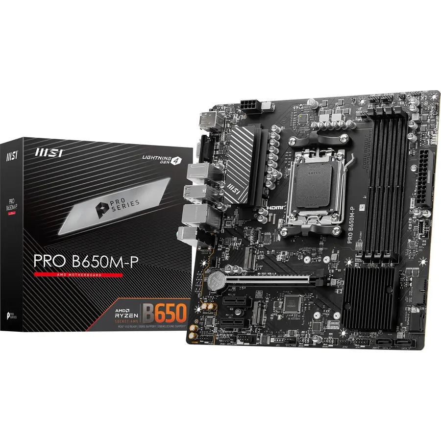 MSI Pro B650M-P AM5 mATX Motherboard, AMD B650 Chipset, 4X DDR5 Slots, 192GB Max Memory, 1x PCI-E x16, 2X M.2 Storage Slot, 4X SATA 6G, Realtek 8125BG 2.5G LAN, HDMI/DP/VGA - Black