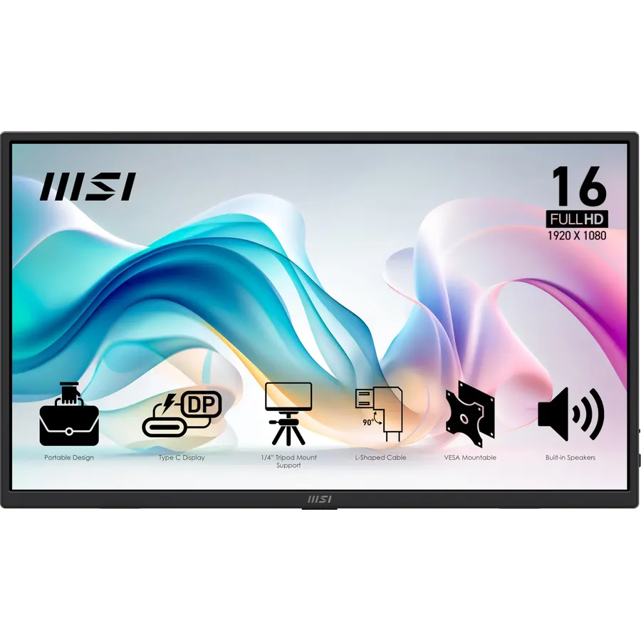 msi Pro MP165 E6 Ultra Slim & Light Portable Monitor, 15.6 inch FHD IPS 1080p, USB Type-C, HDMI, Built-in Speakers
