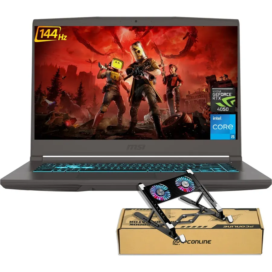 msi Thin 15 RTX 4050 Gaming Laptop, 15.6" FHD 144Hz Display, Intel Core i5-13420H, 16GB RAM, 1TB SSD, RJ-45, Backlit Keyboard, Bundle with PCO Laptop Cooler, Grey, Windows 11 Home